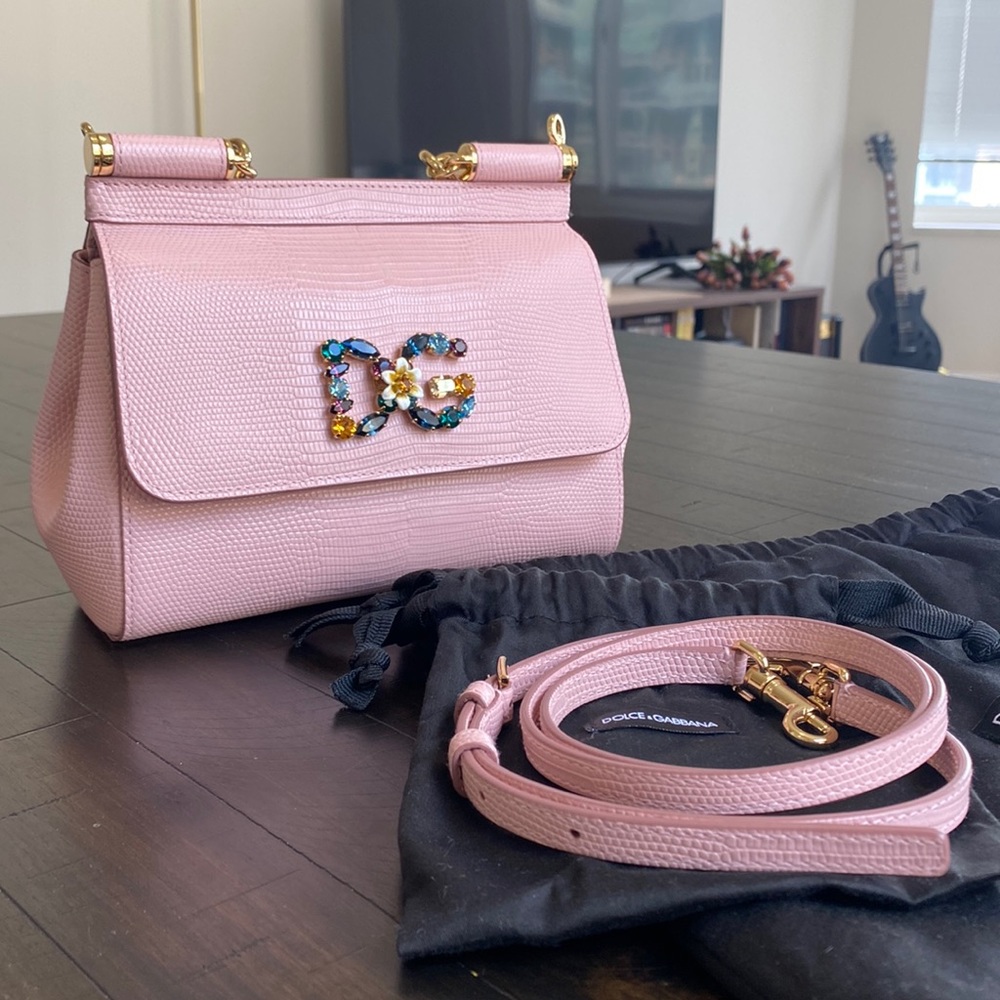 Small Sicily Handbag in Iguana Print calfskin with DG logo crystals